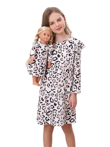Bow Dream Toddler Girls Casual Dress and Matching American Girl Doll Clothes for Girls Cute Kids Dress Party Birthday Leopard Size 140
