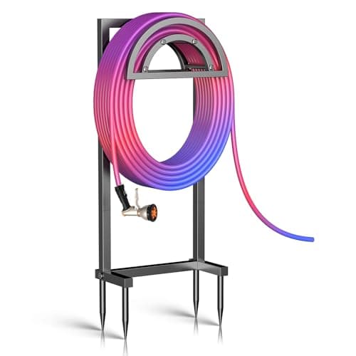 OLV Hose Holder Holds 150-ft Water Pipe, Outdoor Freestanding Heavy Duty Water Hose Holder Reel with 4 Spikes, Detachable Metal Hose Storage Stand Hanger Rack for Outside Yard Lawn Farm, Black