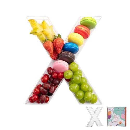 11" Clear Acrylic Letter & Number Charcuterie Tray-Reusable Fillable Alphabet Box for Displaying Candy,Cake,Snacks– Party Dessert Serving Plate for Birthday, Wedding Anniversaries, Baby Shower (X)