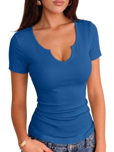 VICHYIE Women V Neck Ribbed Fitted Summer Short Sleeve Shirt Blue XL