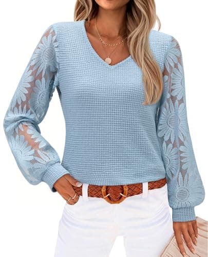 siliteelon Womens Blouses Long Sleeve Shirts V Neck Floral Lace Tops Elegant Business Casual Outfits Blue Medium
