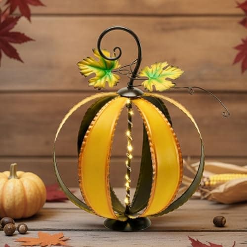 TERESA'S COLLECTIONS Lighted Metal Pumpkin Decor, 9.3 Inch