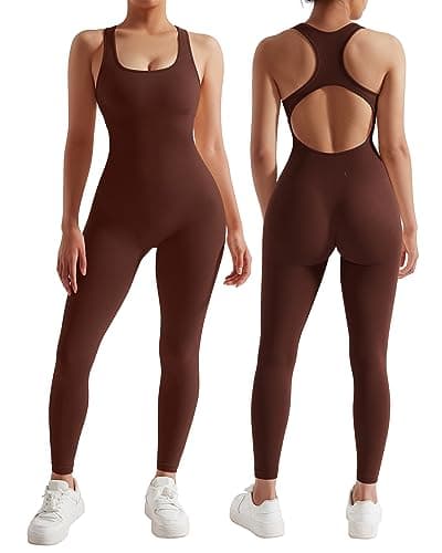 RXRXCOCO Women Backless One Piece Jumpsuits Sleeveless Scoop Neck Bodycon Romper Seamless Workout Athletic Yoga Jumpsuits Brown-1 Small