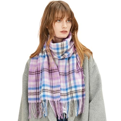 MERINOSNUG 100% Merino Wool Scarf, Cashmere Feel Shawl Unisex Purple Plaid