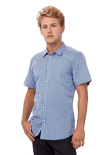 Chef Works Men's Modern Gingham Short Sleeve Dress Shirt, Blue, XX-Large