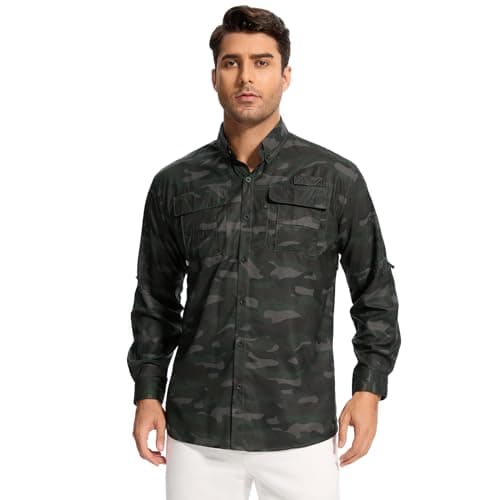 Anteef Mens Safari Shirts Long Sleeve UV Protection Fishing UPF 50+ Quick Dry Hiking Camping Travel Shirts（5052 Woodland L）