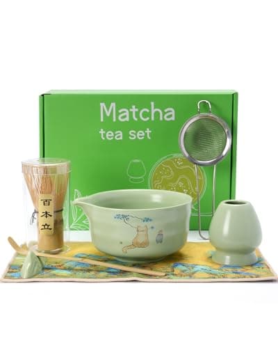 Matcha Whisk Set, Ceramic Matcha Set Includes Matcha Bowl, Matcha Whisk and Holder, Bamboo Scoop, Scoop Rest, Sifter and Tea Towel - 7 Pcs Matcha Kit(Green)