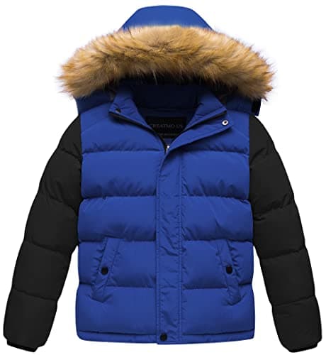 CREATMO US Boy's Heavyweight Adventure Warm Winter Coat Parka Youth Ski Jacket With Cozy Trimmed Hood Black & Navy 6/7