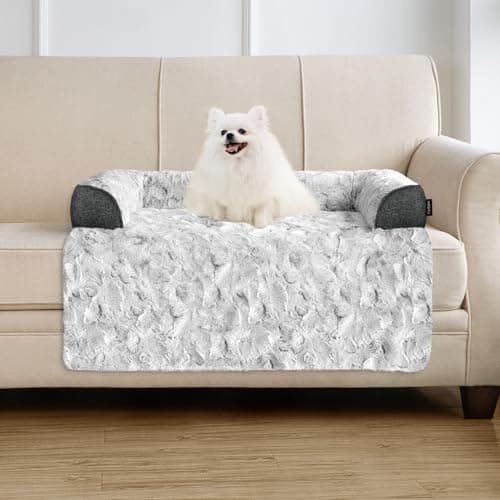 blunique Calming Small Dog Bed for Couch, 35 x 31 inch Removable Couch Cover for Dogs Washable, Non-Slip Fluffy Plush Dog Sofa Mat for Furniture Protector - Grey