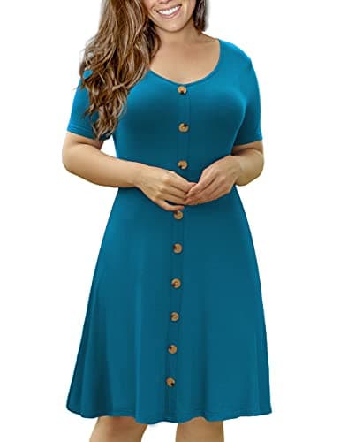 VOIANLIMO Womens Plus Size Short Sleeve Button Down Causal Summer Dress, Aicd Blue, 4X US 26-28W