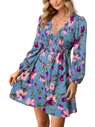 BerryGo Women's Casual Long Sleeve Babydoll Flowy Dress Boho High Waisted Smocked Graduation Vacation Travel Mini Dress(Floral Blue,Small)