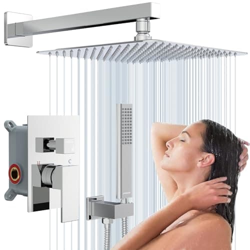 EMBATHER Shower System Chrome Shower Faucet Sets with 12" Rain Shower Head For Bathroom, Wall Mounted Square Shower Combo Set With Adjustable Handheld Bracket (Contain Rough-in Valve & Trim)