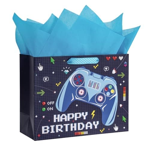 LeZakaa 13" Gamer Birthday Gift Bag with Tissue Paper, Blue Video Game Controller Design, Happy Birthday Gift Bag for Boys, Kids, and Teens, 13" x 10" x 5", 1 Pc