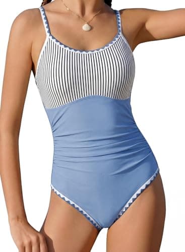 XiaoMoSha Girls One Piece Swimsuits Teen Bathing Suit Quick Dry Summer Beach Swimwear Adjustable Straps Color Contrast Trim Beachwear for Little Girl Size 6 7 Stripe Blue