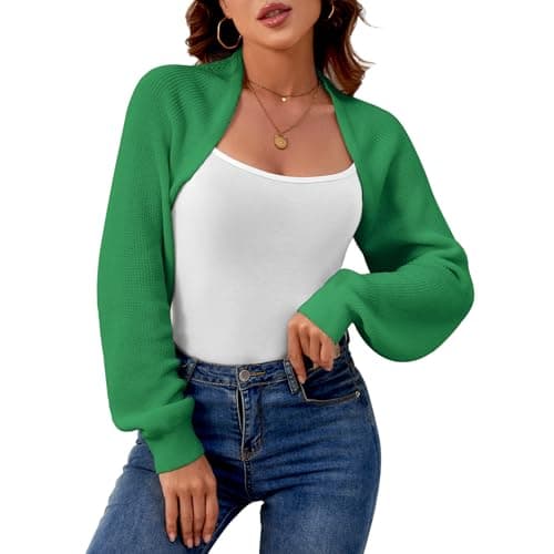 QIANSIQIANBO Women's Shrug Cardigan Sweaters Open Front Crop Cardigan Ribbed Knit Long Sleeve Drop Shoulder Bolero Sweater (XL) Green