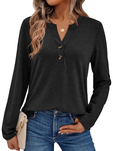 AUTOMET Long Sleeve Shirts for Women Blouses 2026 Fall Fashion Outfits Clothes Plus Size Dressy Casual Tops Trendy Henley Cute T Shirts Loose Fit Business Casual Work V Neck Winter Top Black XL