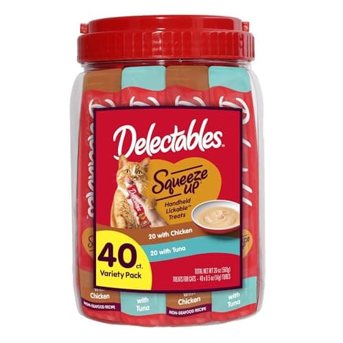 Delectables Squeeze Up Variety Pack, Creamy Squeezable Puree, Lickable Wet Cat Treats, Grain-Free, No Added Fillers, 0.5 Ounces Tube, 40 Tubes Total