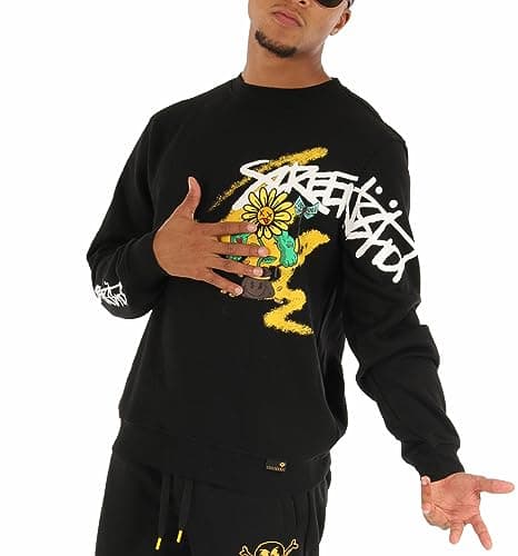 SCREENSHOT-F11352 Mens Urban Premium Streetwear Fleece Top - Varsity Graffiti Budybuilding Sunflower Street Fashion Crewneck Pullover Sweatshirt-Black-Xlarge
