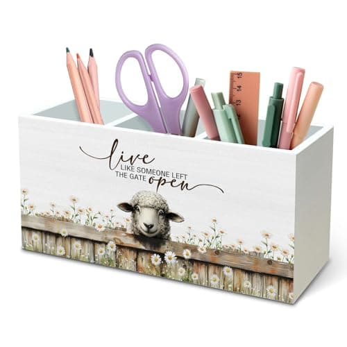DILSJ Sheep Inspirational Pen Pencil Holder Organizer for Desk, Sheep Gifts, Live Like Someone Left the Gate Open Wooden Box Signs for Home Office Desk Tabletop Decoration