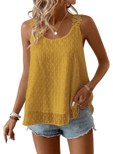 Falechay Sleeveless Blouses for Women Crew Neck Boho Shirts Womens Tops Dressy Casual Solid Pullover Chiffon Babydoll Flowy Swiss Dots Loose Yellow Oversize Fall 2XL