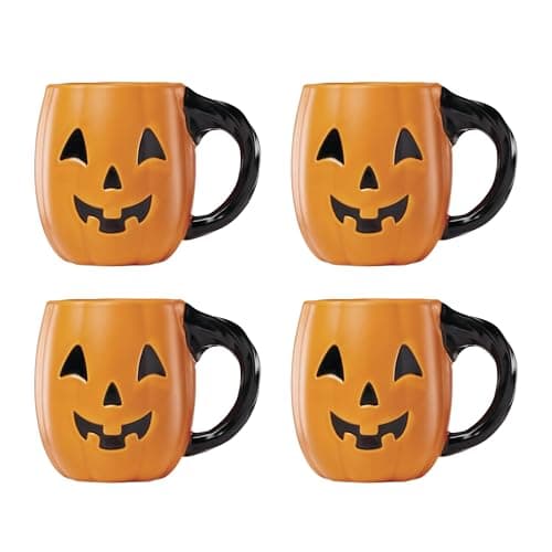 Lenox Coffee Mugs, Vintage Halloween Figural Pumpkin 20 Oz Mugs Set of 4, Porcelain, Spooky Drinkware Set, Dishwasher Safe, Microwave Safe, Halloween Decor Indoor, Pumpkin Decor (Orange/Black 4 Piece)