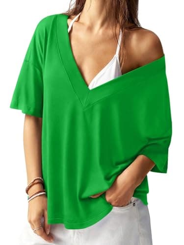 REORIA Women's Trendy Oversized V-Neck T Shirt Short Sleeve Off The Shoulder Contrast Stitching Loose Fit Tops for 2026 Spring Summer Green X-Large