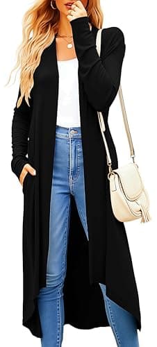 Newchoice Black Cardigan for Women Long Fall Soft Drape Open Front Thin Basic Long Sleeve Cardigans with Pockets(01Black,M)