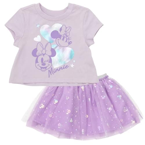 Disney Minnie Mouse Toddler Girls Metallic Print T-Shirt and Tulle Tutu Skirt Outfit Set Lavender 2T