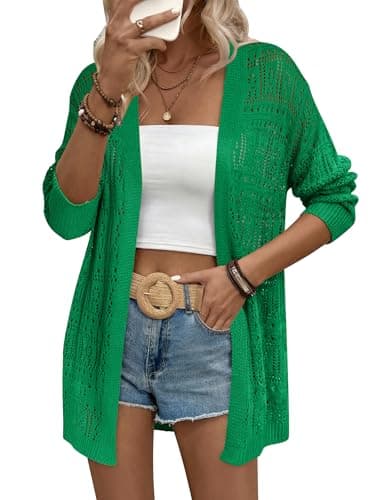 Zeagoo Womens 2026 Summer Crochet Cardigan Sweaters Lightweight Long Sleeve Open Front Kimono Boho Knit Cover Ups Green