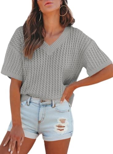 Dokotoo Womens Ladies Fashion Short Sleeve Tunic Tops for Women Flowy Hollow Out Pullover Sweaters Oversized V Neck Casual Summer Loose Fit Trendy Shirts Solid Business Blouses Gray Medium