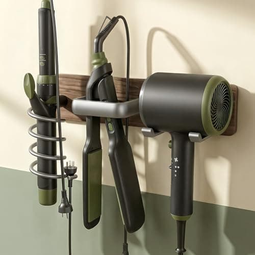 Tindbea Upgraded Walnut Hair Dryer Holder Wall Mounted,3-in-1 Hair Tool Organizer for Blow Dryer, Curling iron, and Straightener, Blow Dryer Holder for Bathroom, Vanity, Brushed Nickel