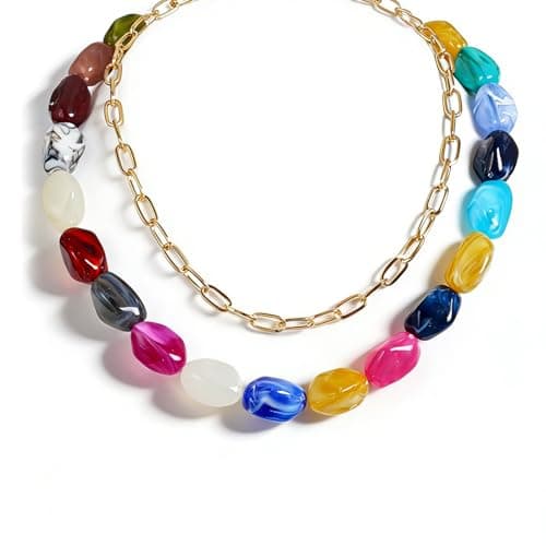 Hclian Colorful Beaded Necklaces for Women, Rainbow Resin Acrylic Layered Choker, Gold Paperclip Chain Boho Statement Necklace, Cute Trendy Stacked Beach Jewelry