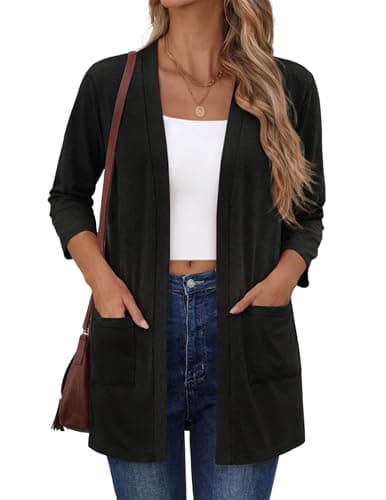Zeagoo Women's Casual Lightweight Cardigan 3/4 Sleeve Open Front Loose Thin Cardigans with Pockets A-Black