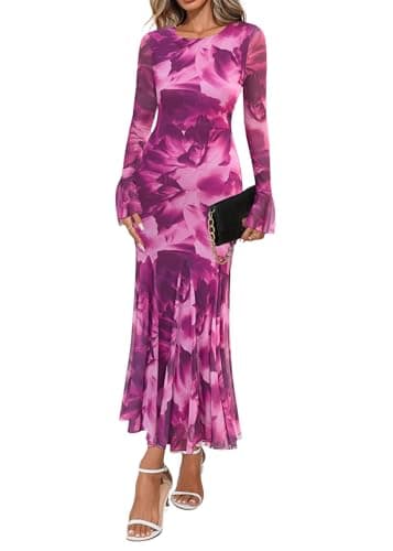 Lazysmile Women's Long Sleeve Floral Maxi Dresses Fall Formal Crewneck Bodycon Mesh Ruffle Wedding Guest Cocktail Party Dress Purple