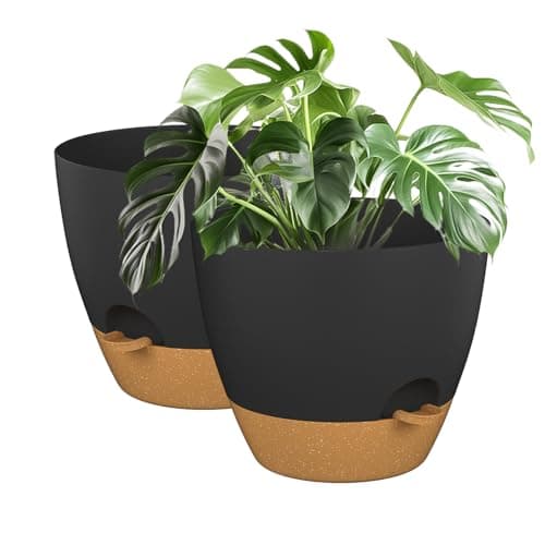ZMTECH 12Inch 2Pcs Plant Pot Planter for Indoor Plants Self Watering Flower Pots with Drainage Holes and Saucer for Outdoor Plants(Grey with Brown)