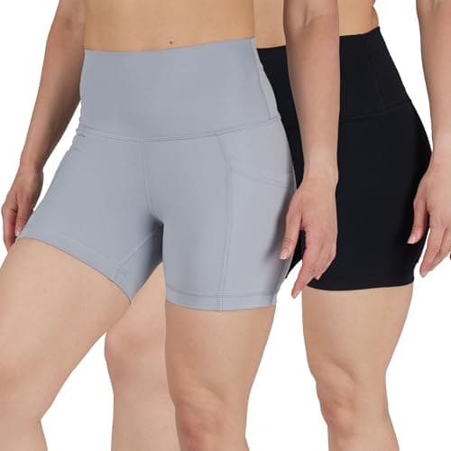90 Degree By Reflex Womens High Waisted Biker Shorts Ribbed Workout Yoga Running Spandex Short - Sleet (W/Pocket) / Black (No Pocket) 5" - XL