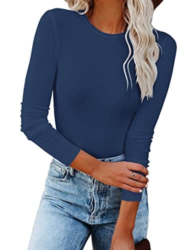 REVETRO Women Long Sleeve Shirts Round Neck Tunic Tops Plain T Shirts Fitted Layer Tee Navy Blue XX-Large…
