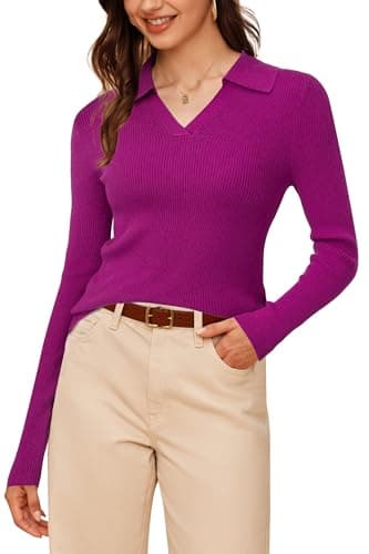 Arach&Cloz Womens Wool Fall Sweaters Polo Shirts 2025 Long Sleeve Business Casual Outfits Collared Dressy Work Blouses Ribbed Fitted Cashmere Tops Professional Clothing Old Money Clothes Rose S