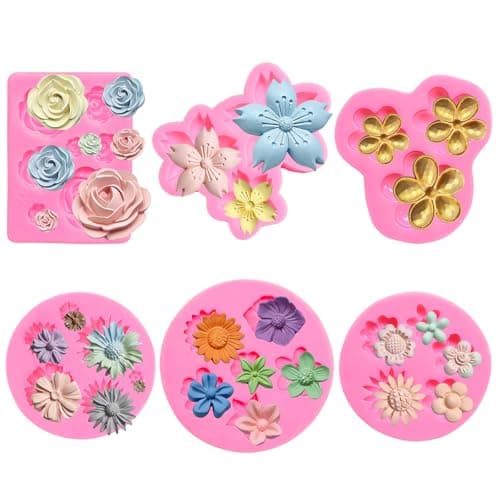 6Pcs Silicone Flower Molds,Flower Silicone Mold with Roses, Cherry Blossoms, Daisies, Sunflowers for Making Chocolate, Ice Cubes, Cake Decorations, and Candies.