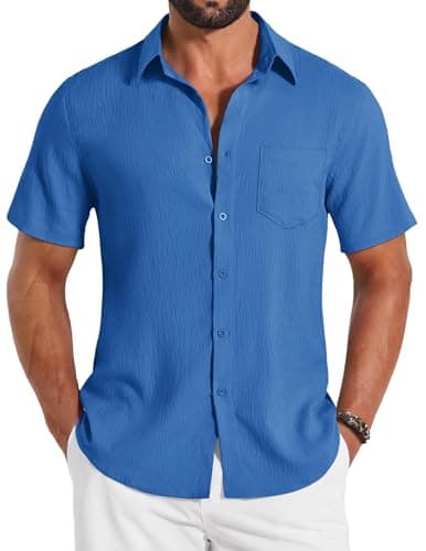 COOFANDY Mens Button Down Shirt Casual Short Sleeve Shirts Summer Beach Wedding Shirts with Pocket Blue