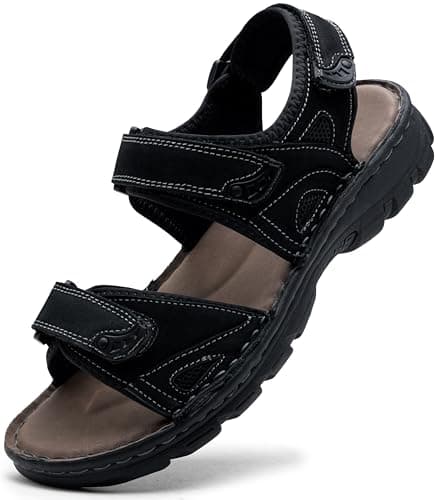 Jousen Men's Sandals Leather Open Toe Beach Sandal Outdoor Summer Sport Hiking Sandals with Arch Support (AMY661 Black 11)
