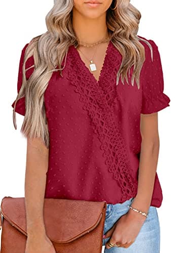 LOLONG Women V Neck Tops Dressy Casual Summer Puff Short Sleeve Blouse Chiffon Pom Poms Shirts B-Wine Red