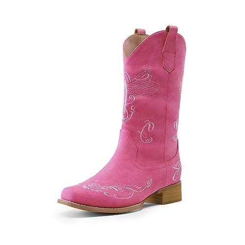 DREAM PAIRS Women's Square Toe Cowboy Cowgirl Boots Pull On Low Chunky Heel Mid Calf Western Boots with Embroidered Stitched for Theme Party Country Concert,Size 6.5,Pink,SDMB2220W