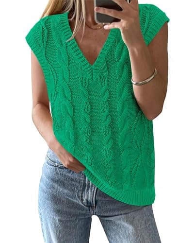 BTFBM Sweater Vest Women Oversized V Neck Cable Knit Casual Pullover Sweaters Fall Outfits 2025 Sleeveless Tops(Green, X-Large)