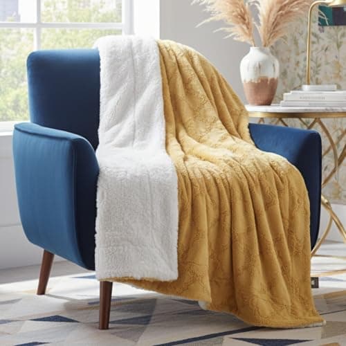 Tache Burnt Mustard Yellow Moroccan Lattice Pattern Soft Warm Faux Fur White Sherpa Back Throw Blanket, 50x60
