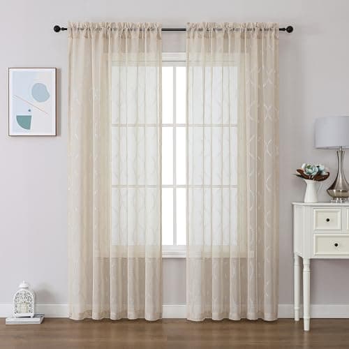 MISS SELECTEX Natural Sheer Curtains 84 Inches Long 2 Panels Geometric Moroccan Metallic Silver Sparkling Decorative Linen Look Rod Pocket Semi Sheer Window Treatments Drapes for Living Room Bedroom