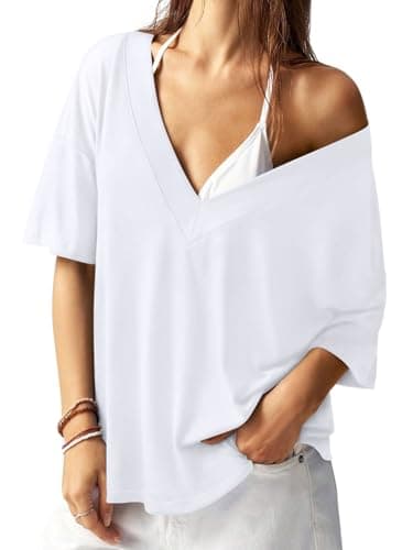 REORIA Women's Trendy Oversized V-Neck T Shirt Short Sleeve Off The Shoulder Contrast Stitching Loose Fit Tops for 2026 Spring Summer White XX-Large