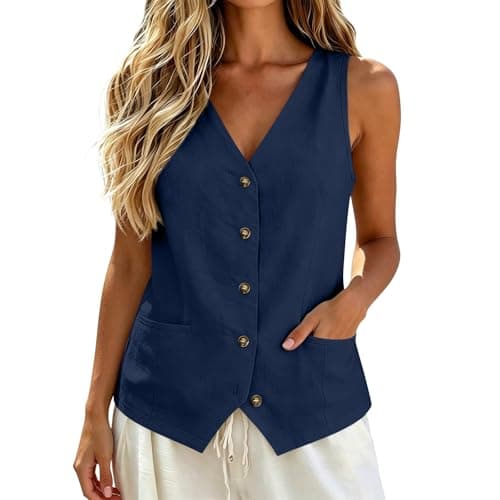 Womens Vest Tops Cotton Linen lightweight Blouse Button Down Sleeveless Shirts Business Casual Tank Vests Cardigan 2026 Summer Fashion Plus Size Loose with Pockets Clothes Ladies Dark Blue 3X-Large