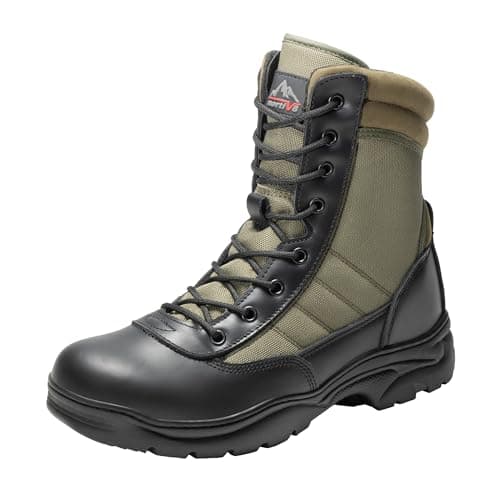 NORTIV 8 Men's Military Tactical Work Boots Side Zipper Leather Motorcycle Combat Boots Trooper,Size 7,Black/Army Green,TROOPER