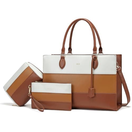 Keyli 3pcs Sets Laptop Bag for Women,15.6 Work Tote Bags Waterproof Leather Business Computer Briefcase with Clutch Purses Casual Shoulder Handbag Messenger Bag for Travel Office Brown
